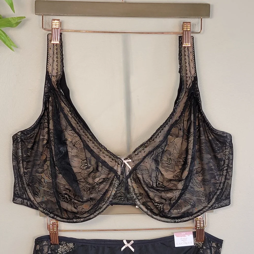 Cacique Unlined Full Coverage Black Lace Bra No Show Hipster Panties Set 46G - Picture 2 of 13